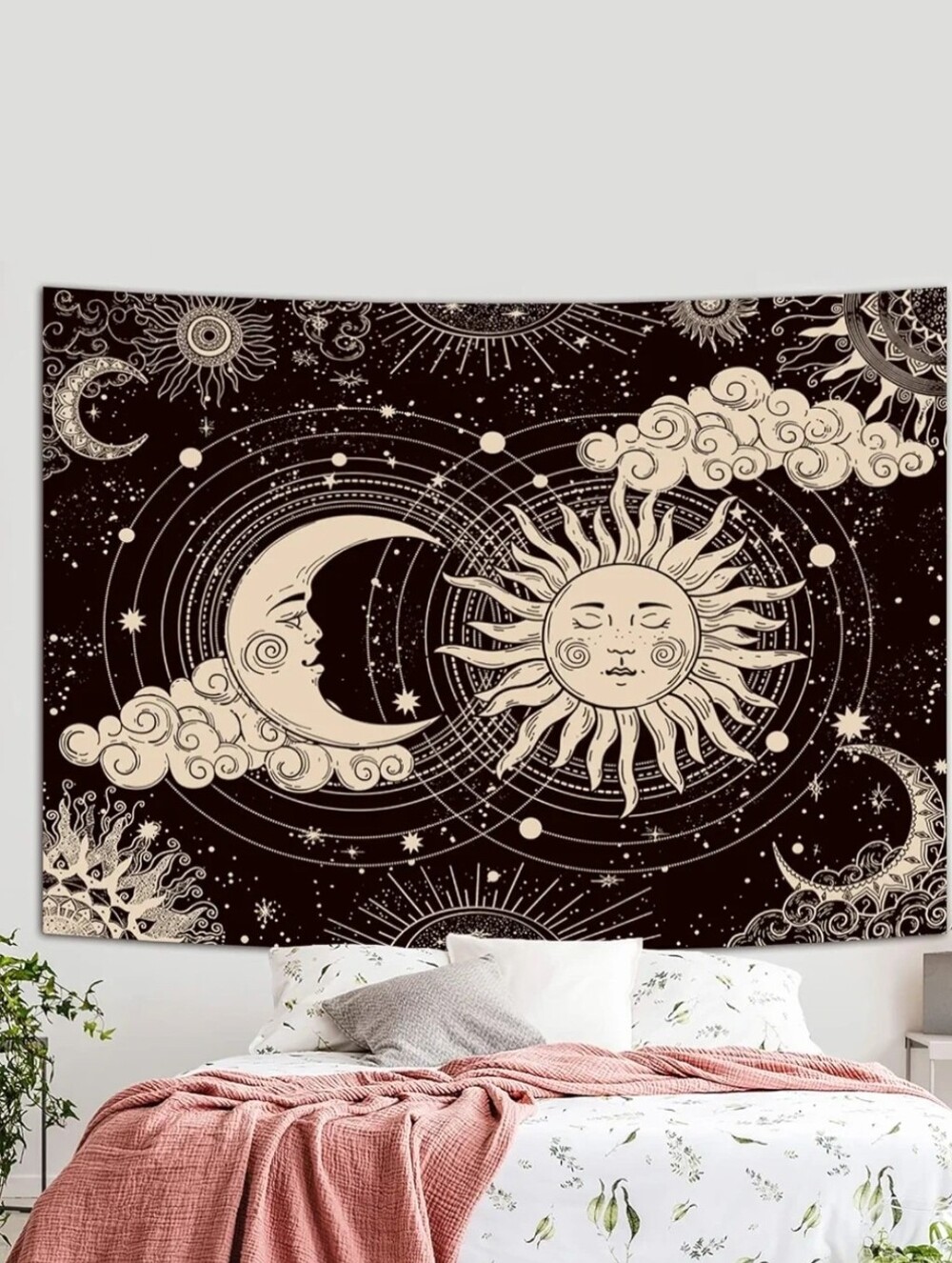 XL Black and Ivory Sun Crescent Moon Stars Celestial Boho Wall Tapestry Bohemian